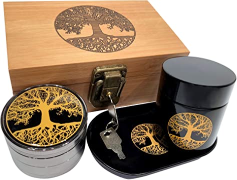 Dry Herb Grinder Storage Box Set Carved Tree of Life Wooden Box Stash Box Gift Set